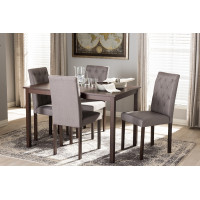 Baxton Studio Andrew 5 PC Dining Set-10 Buttons-Grey Fabric Gardner Modern and Contemporary 5-Piece Dark Brown Finished Grey Fabric Upholstered Dining Set 